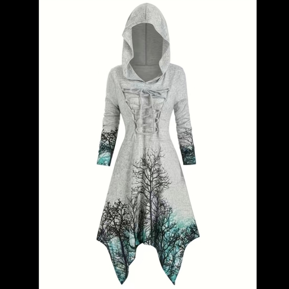 Gothic Graphic Print High Low Hoodie Tree Design Size XXL / 14 Long Butt Cover